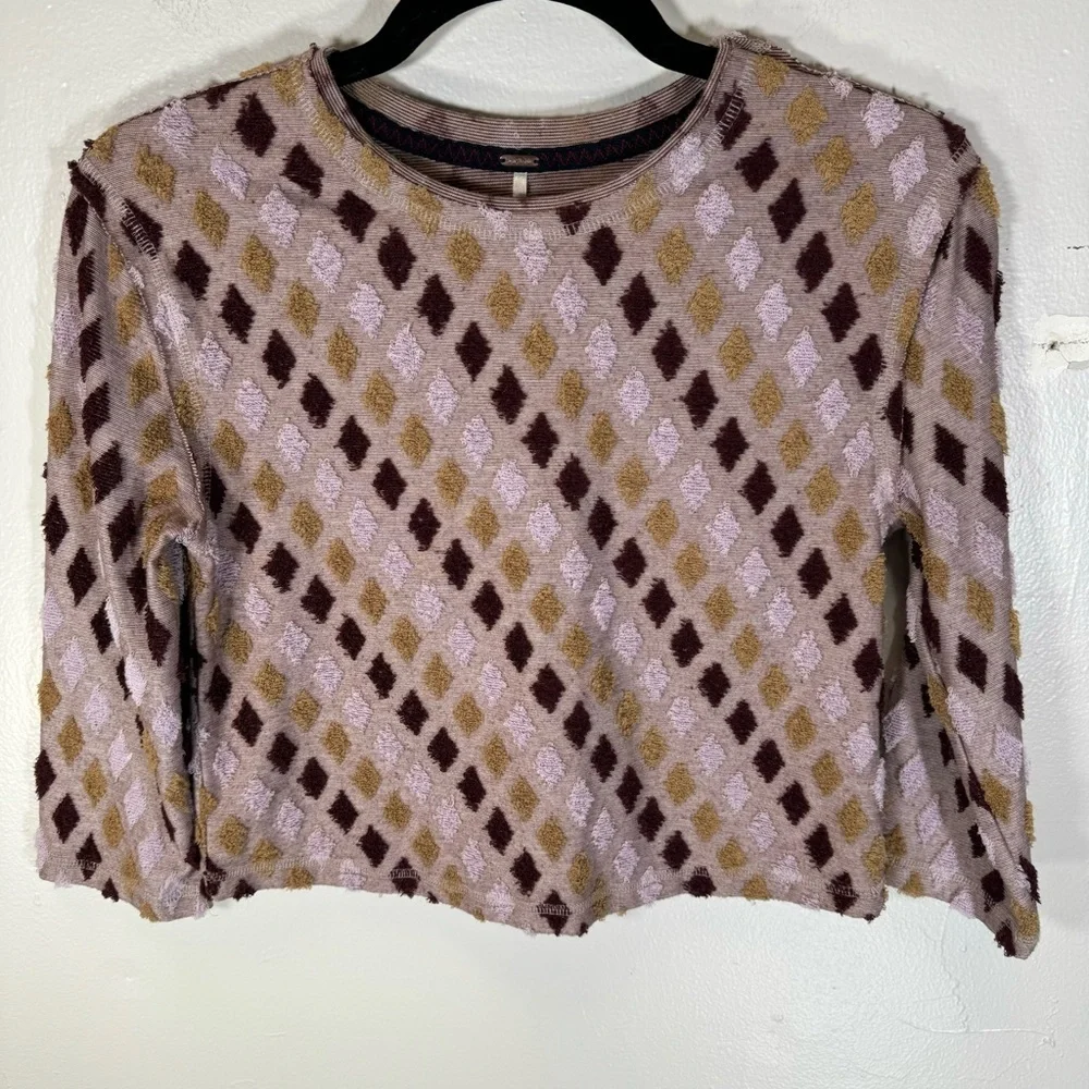free people crop top magic carpet blouse lavender burgundy diamond terry small